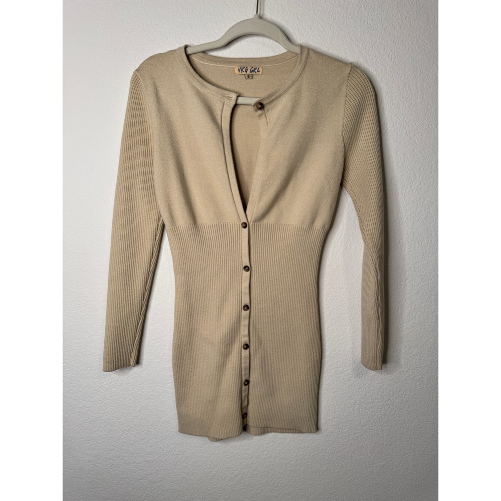 VRG GRL Beige Ribbed Knit Button Front Mini Dress Womens‎ Size 6 Long Sleeve